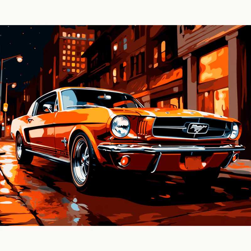 Midnight Mustang Paint By Numbers featuring a retro orange Ford Mustang parked on a wet urban street at night, glowing with warm city lights.
