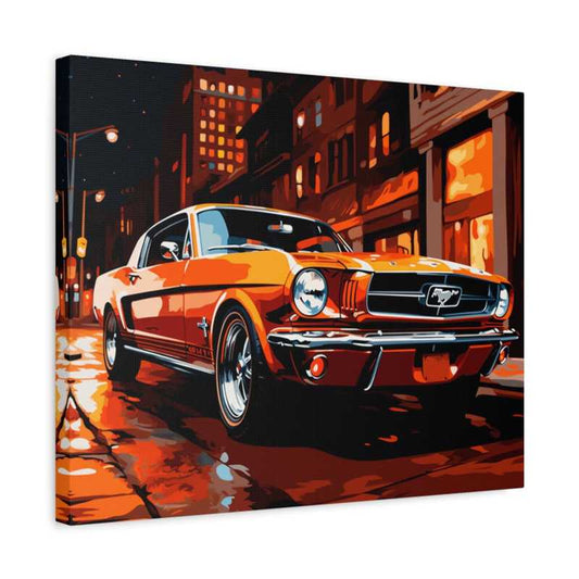 Midnight Mustang Paint By Numbers featuring a retro orange Ford Mustang parked on a wet urban street at night, glowing with warm city lights shown in a frame.