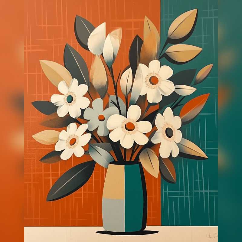 Modern floral bouquet in a teal and beige vase, set against bold orange and green background, minimalist Paint By Numbers design perfect for Canadian DIY artists