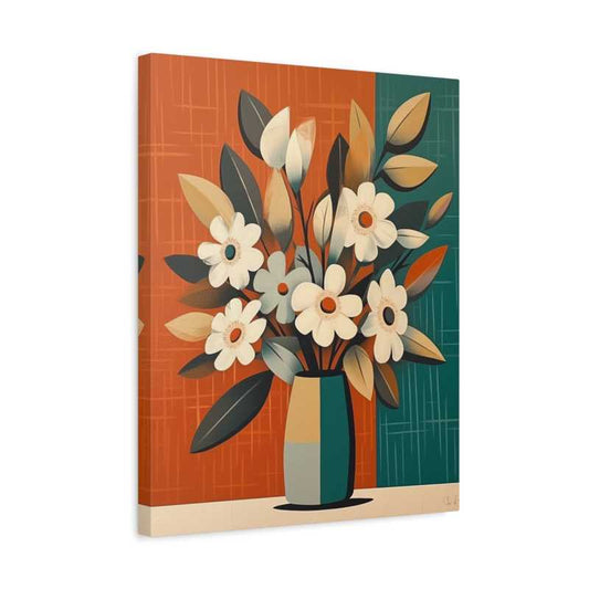 Modern floral bouquet in a teal and beige vase, set against bold orange and green background minimalist Paint By Numbers design perfect for Canadian DIY artists shown in a frame