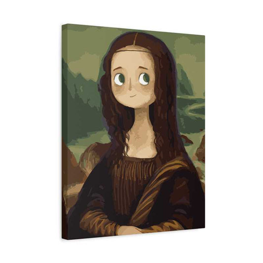Cartoon-style Mona Lisa paint by numbers kit featuring soft greens, browns, and a playful expression, perfect for beginner and intermediate painters shown in a frame