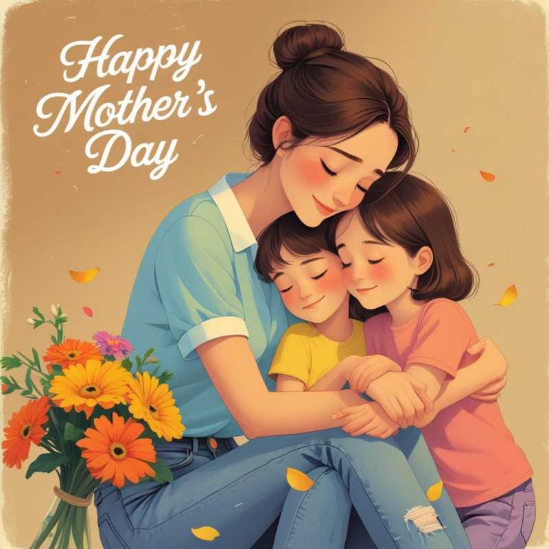 Heartwarming Paint By Numbers illustration of a mother hugging her two children with eyes closed, surrounded by petals and a bouquet, perfect for Mother's Day.