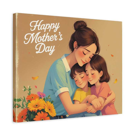 Heartwarming Paint By Numbers illustration of a mother hugging her two children with eyes closed, surrounded by petals and a bouquet, perfect for Mother's Day shown in a frame