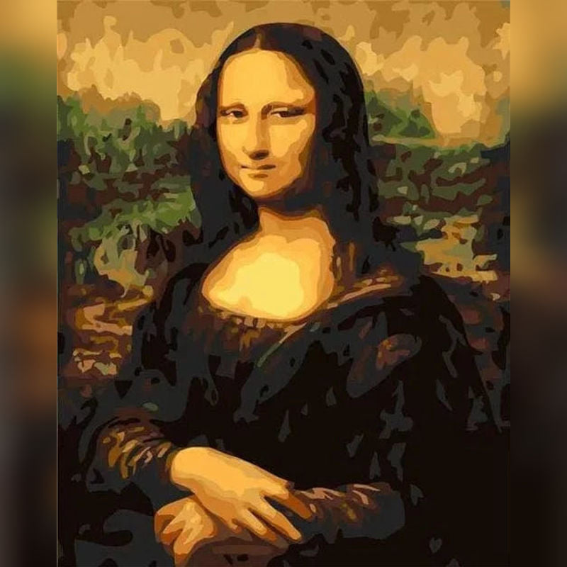 Paint by numbers canvas of the Mona Lisa, simplified into distinct color blocks with earthy tones, capturing the iconic portrait in a stylized, artistic format.