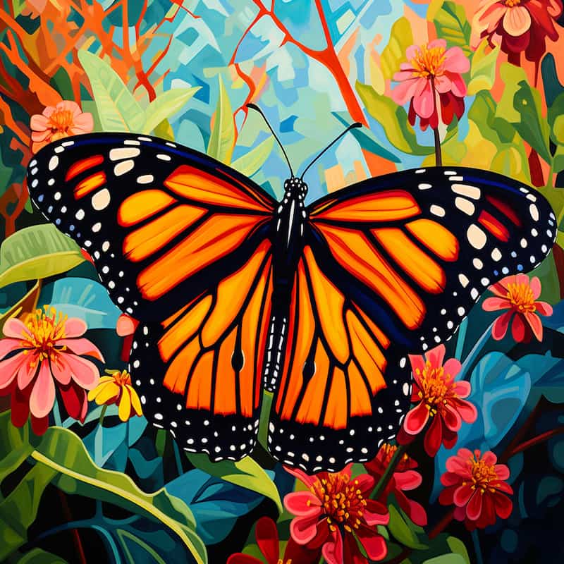 Paint by numbers kit of a monarch butterfly with bright orange wings among colorful garden flowers.