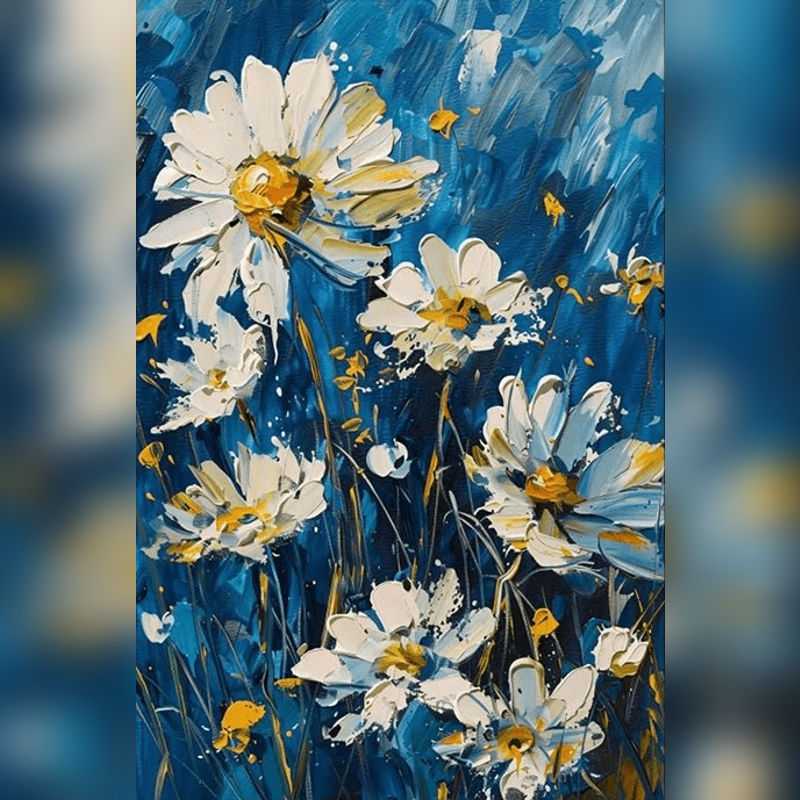 Moonlight Daisies Paint By Numbers kit featuring white daisies with golden centers set against a vibrant deep blue textured background, perfect for Canadian artists.