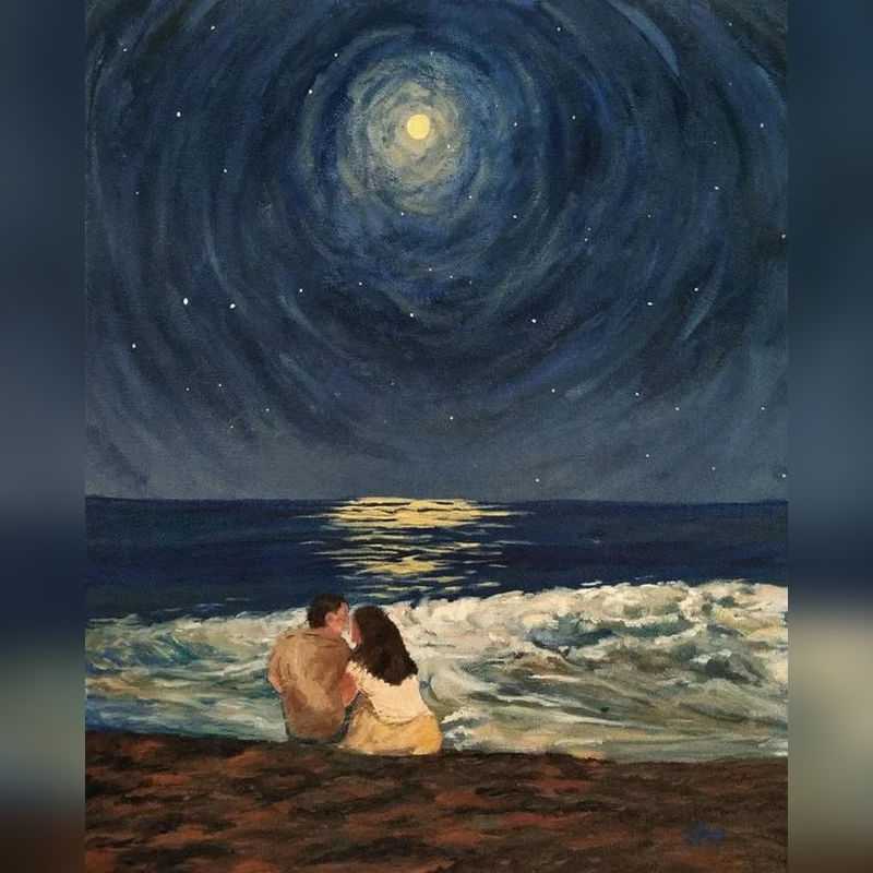 Romantic couple sitting on a beach at night under a glowing moon and starry sky, with ocean waves illuminated by moonlight in a painted canvas style