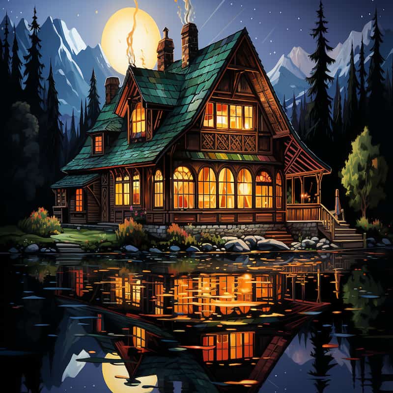 Cozy wooden cabin glowing under a full moon with reflections on a calm lake in a mountain forest paint by numbers design.