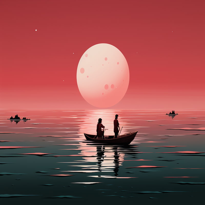 Paint by numbers kit of two people rowing a boat under a glowing moon on a crimson sea.