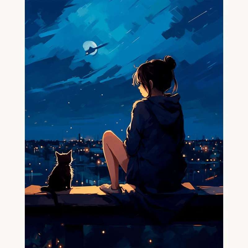 Moonlit Companion Paint By Numbers Kit showing a girl and cat sitting on a rooftop under the moonlight, overlooking a glowing cityscape