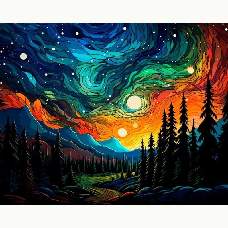 Moonlit Magic Paint By Numbers Kit featuring a serene night scene with stars above and a tranquil forest under the moonlight.