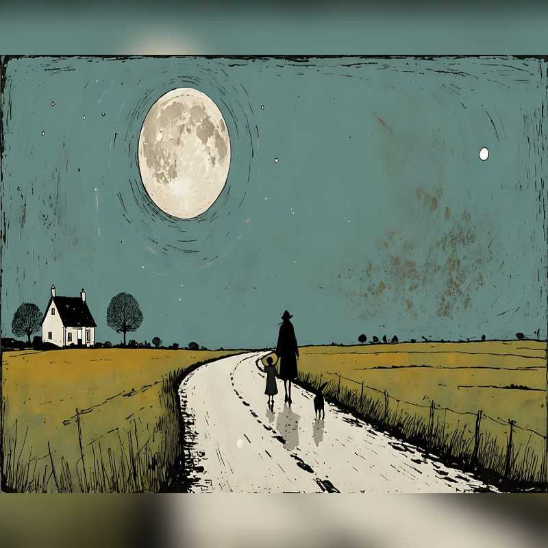Minimalist Paint By Numbers artwork of a child, adult, and dog walking on a moonlit countryside road under a full moon, with a cottage and trees in the distance.