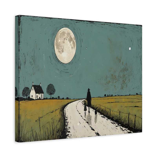 Minimalist Paint By Numbers artwork of a child, adult, and dog walking on a moonlit countryside road under a full moon, with a cottage and trees in the distance shown in a frame.