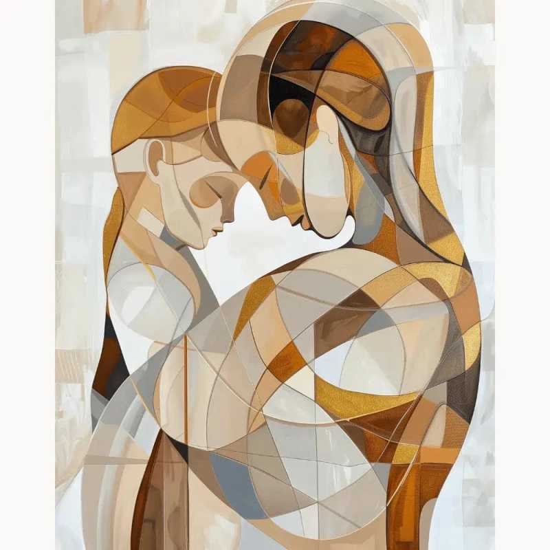 Abstract paint by numbers canvas of a mother and child embracing, created with curved geometric shapes in warm neutral tones of brown, beige, and gold, evoking a modern, emotional connection.