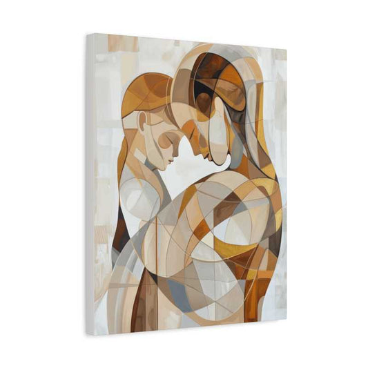Abstract paint by numbers canvas of a mother and child embracing, created with curved geometric shapes in warm neutral tones of brown, beige, and gold, evoking a modern, emotional connection shown in a frame.
