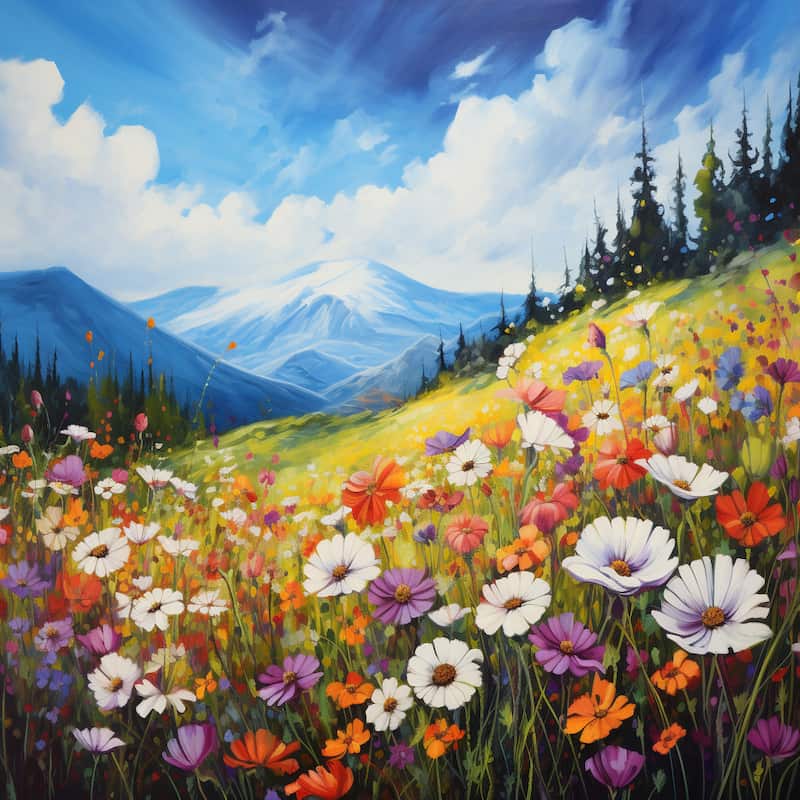 Colorful wildflower meadow with snow-capped mountains in a scenic paint by numbers design.