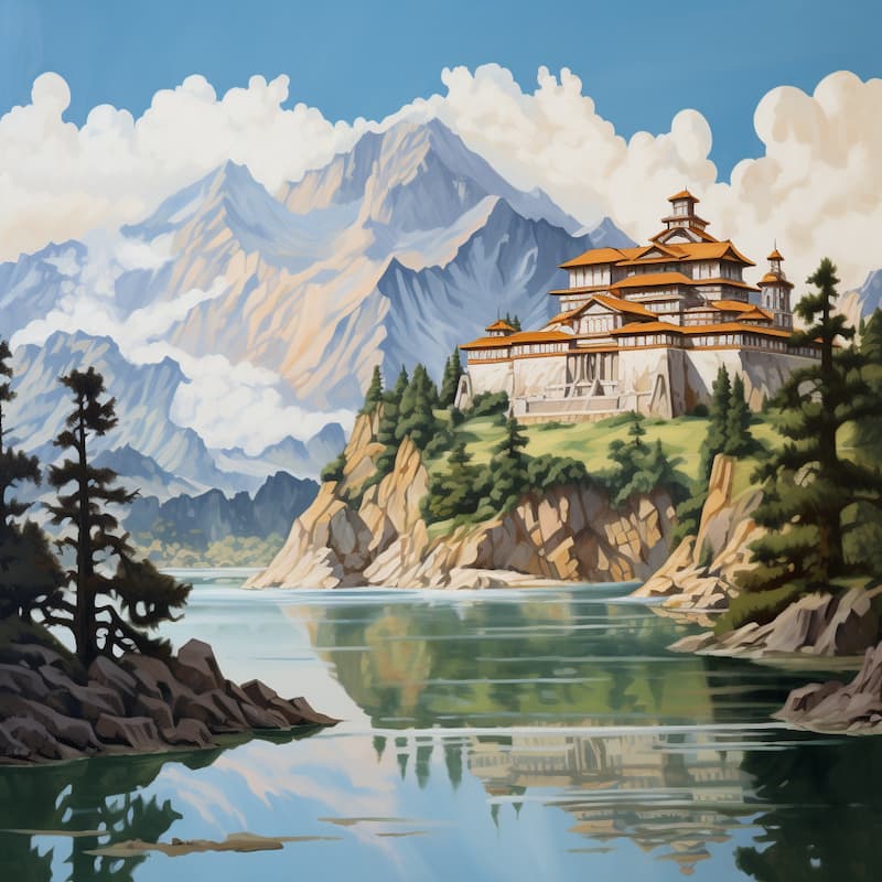 Paint by numbers kit of a mountain monastery overlooking a reflective lake with towering peaks in the background.