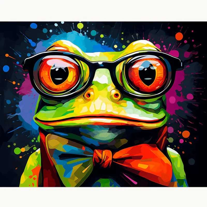 Vibrant paint by numbers canvas featuring a whimsical green frog wearing oversized glasses and a colorful bow tie, set against a dynamic splash background of neon colors
