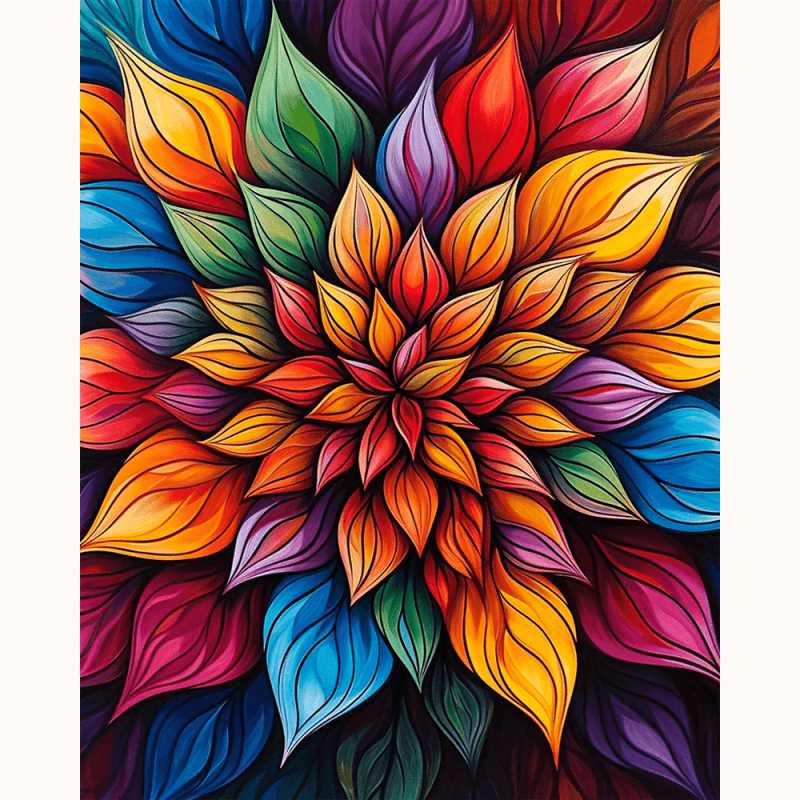 Mystic Flora Paint By Numbers kit featuring a vibrant, abstract burst of colorful leaves in rich red, orange, blue, and purple hues
