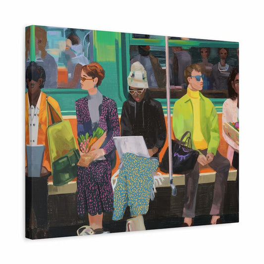 Canvas print of people on a subway train with colorful clothing and accessories.