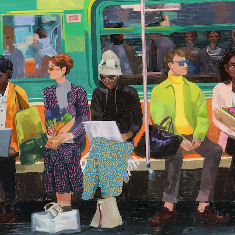 Artistic depiction of people on a subway train with a stylized, colorful approach.