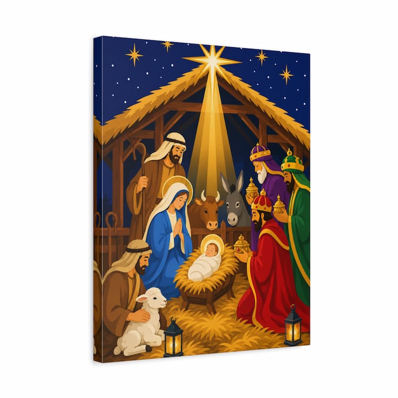 A square canvas wall art print depicting a Christmas nativity scene, shown at a slight angle to highlight its wrapped edge against a plain white background.