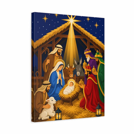A square canvas wall art print depicting a Christmas nativity scene, shown at a slight angle to highlight its wrapped edge against a plain white background.