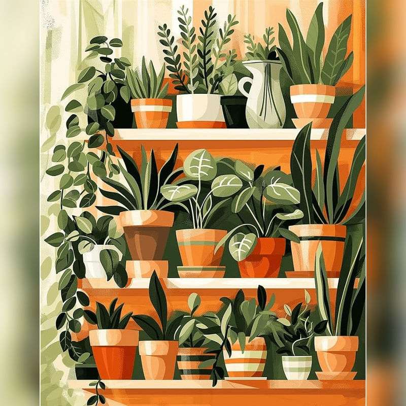 Shelf full of potted indoor plants in warm tones – Nature's Nook Paint By Numbers Kit Canada