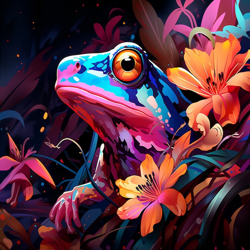 Paint by numbers artwork of a neon-colored frog with glowing orange eye surrounded by bright lilies and tropical leaves in vivid psychedelic colors