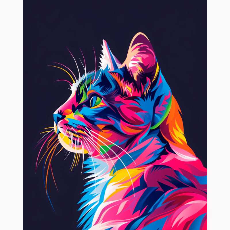 Neon Whiskers Paint By Numbers featuring a colourful, stylized cat in vivid blues, pinks, and oranges with sharp detailing and a bold dark background
