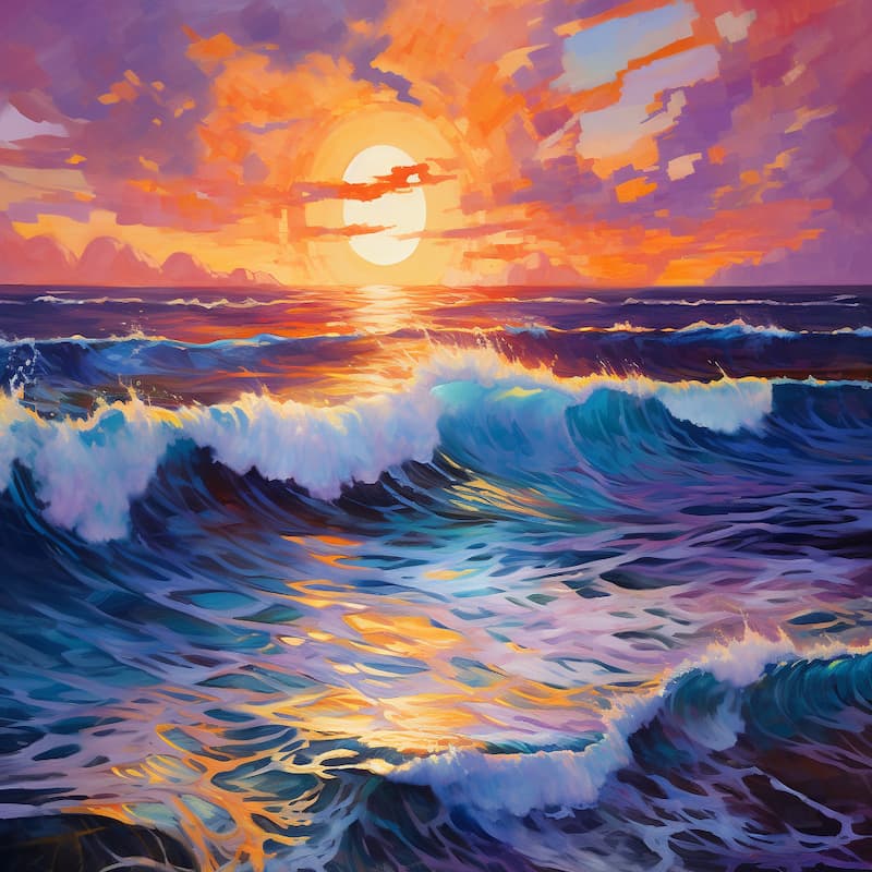 Paint by numbers artwork of a vibrant ocean sunset with crashing waves and glowing reflections on the water