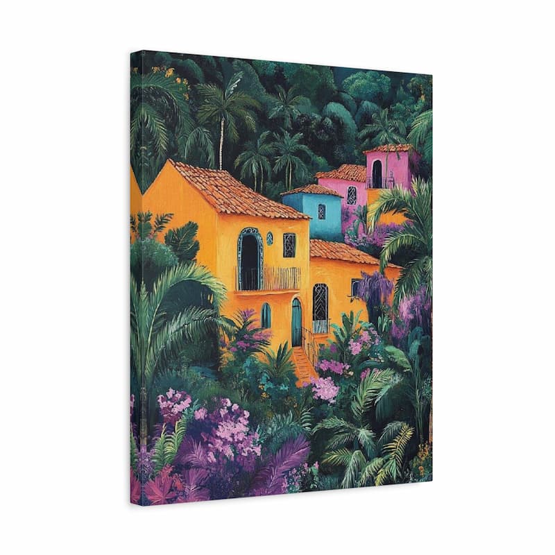 Canvas print of a colorful tropical scene with houses and palm trees.
