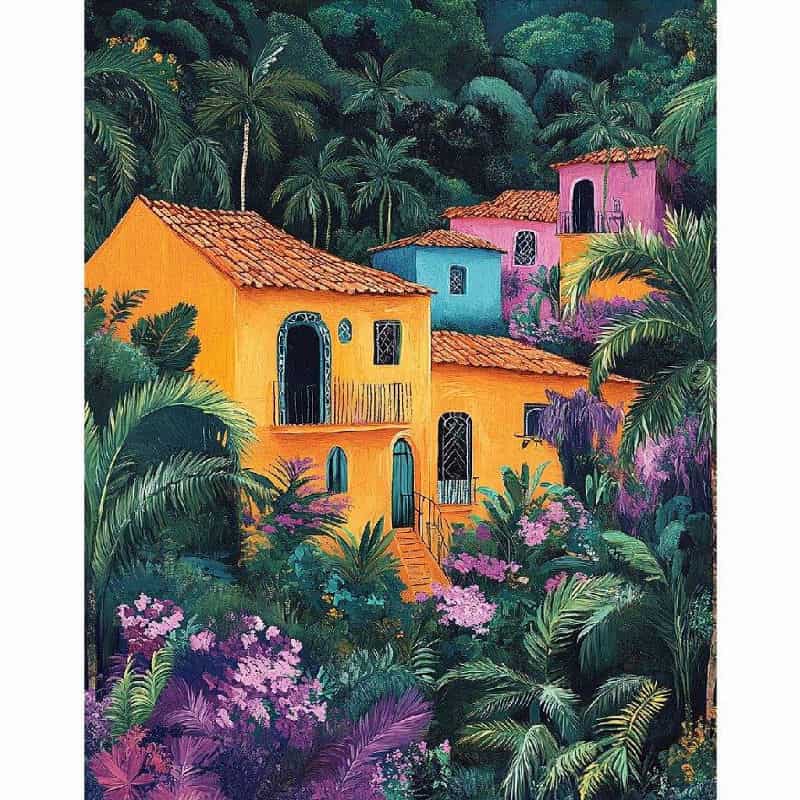Colorful houses in a tropical setting with lush greenery