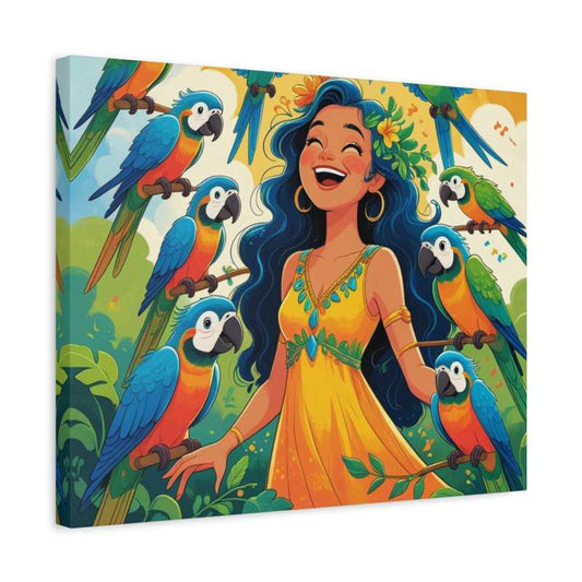 Colorful Paint By Numbers scene of a joyful girl in a yellow dress surrounded by blue and green parrots in a tropical jungle with golden skies shown in a frame
