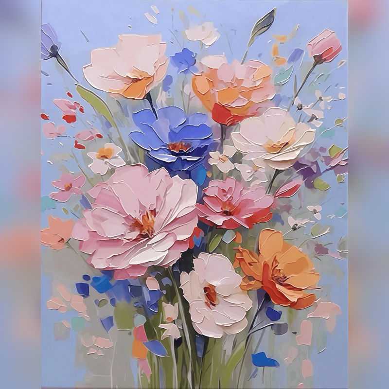 Pastel Petal Harmony 3D Flowers Paint By Numbers painting featuring sculpted petals in soft pink, cream, orange, and blue tones against a light blue background.