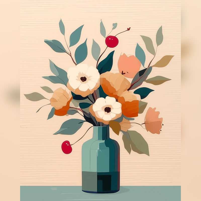 Minimalist floral bouquet in a teal vase featuring pastel flowers, green leaves, and cherry accents designed for a calming Paint By Numbers experience in Canada