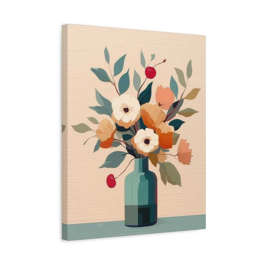 Minimalist floral bouquet in a teal vase featuring pastel flowers, green leaves, and cherry accents designed for a calming Paint By Numbers experience in Canada shown in a frame