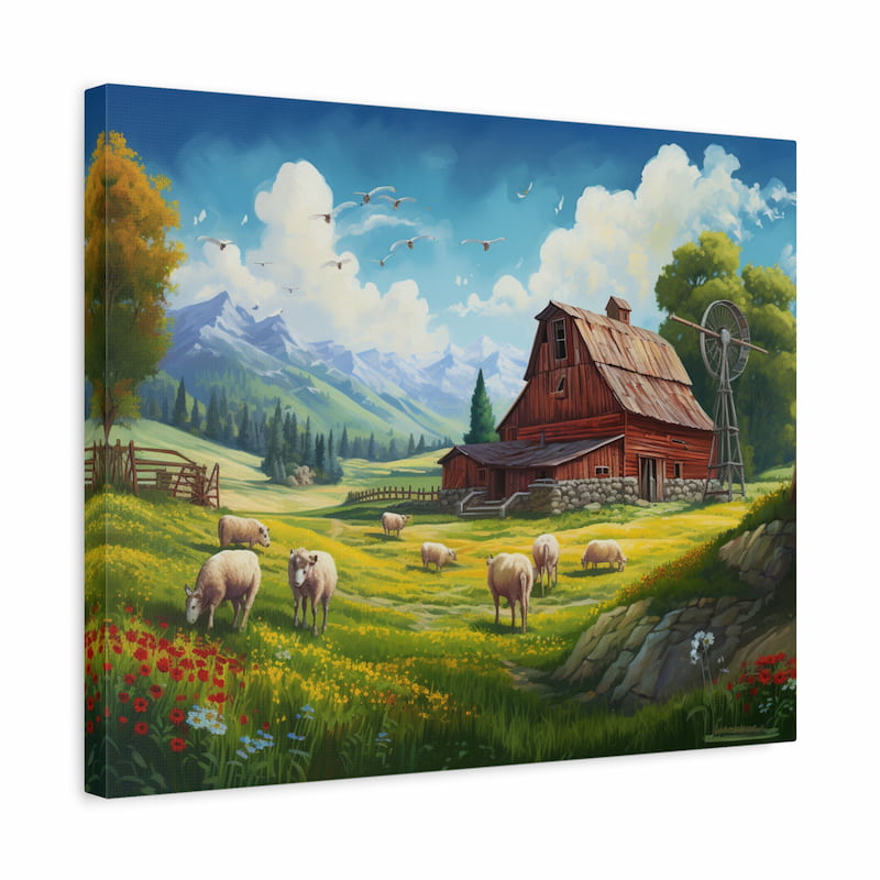 Paint by numbers artwork of a rustic red barn with a windmill, sheep grazing in a meadow of flowers, and snow-capped mountains in the background under a bright blue sky shown in a frame
