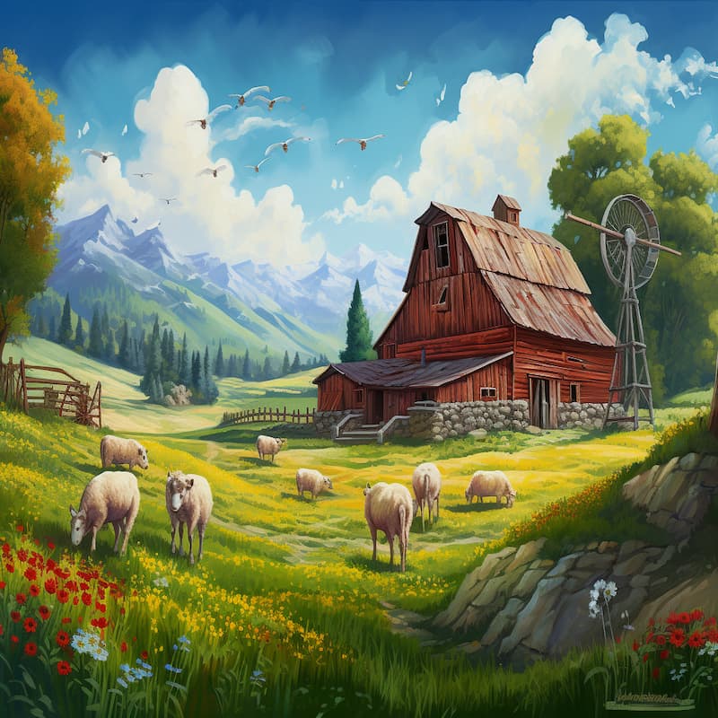Paint by numbers artwork of a rustic red barn with a windmill, sheep grazing in a meadow of flowers, and snow-capped mountains in the background under a bright blue sky