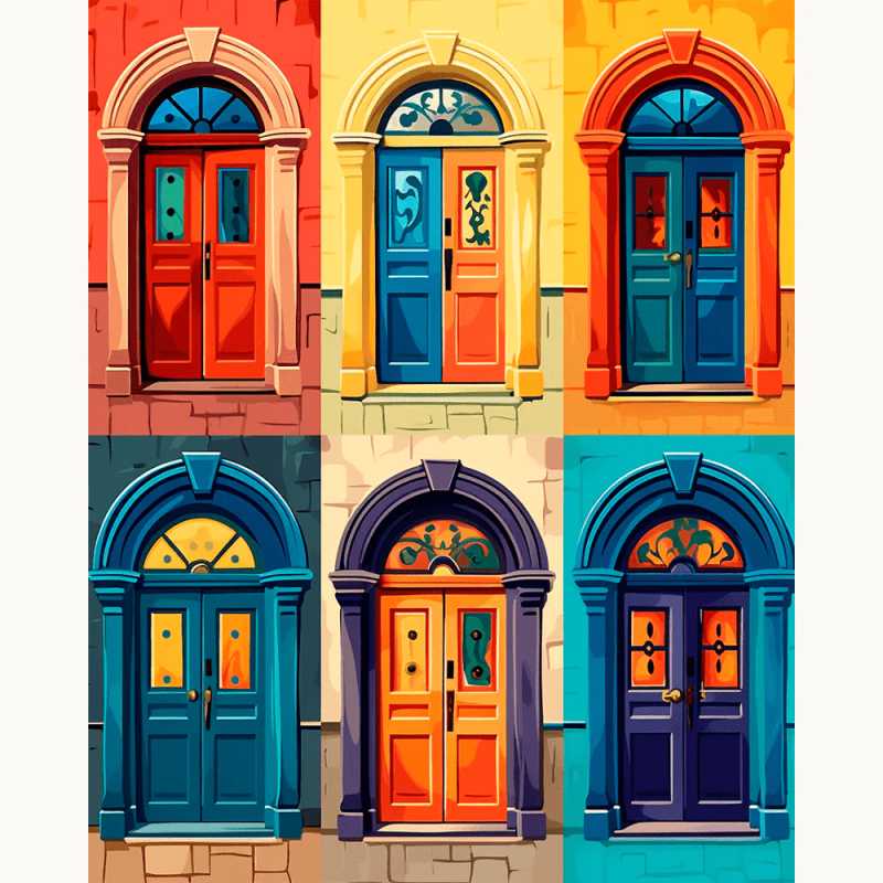 Pathways of Color Paint By Numbers showing six unique, colorful doors with arched frames in vibrant red, yellow, blue, and teal tones.