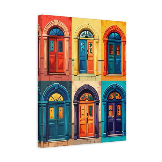 Pathways of Color Paint By Numbers showing six unique, colorful doors with arched frames in vibrant red, yellow, blue, and teal tones shown in a frame.