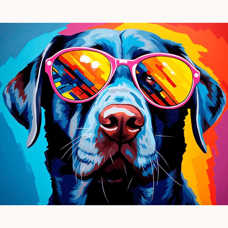 Paws & Shades Paint By Numbers showing a vibrant dog with reflective sunglasses in bold neon colors, perfect for pet lovers and pop art fans in Canada.
