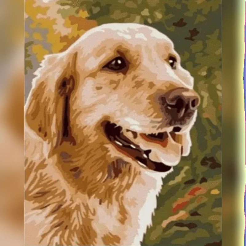 Golden retriever style dog in a colorful paint by numbers artwork