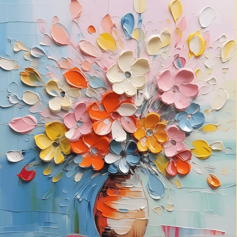 Petal Carnival Paint By Numbers kit featuring lively orange, yellow, pink, blue, white, and red 3D textured flowers arranged in a striped vase against a pastel colorful background, perfect for Canadian artists.