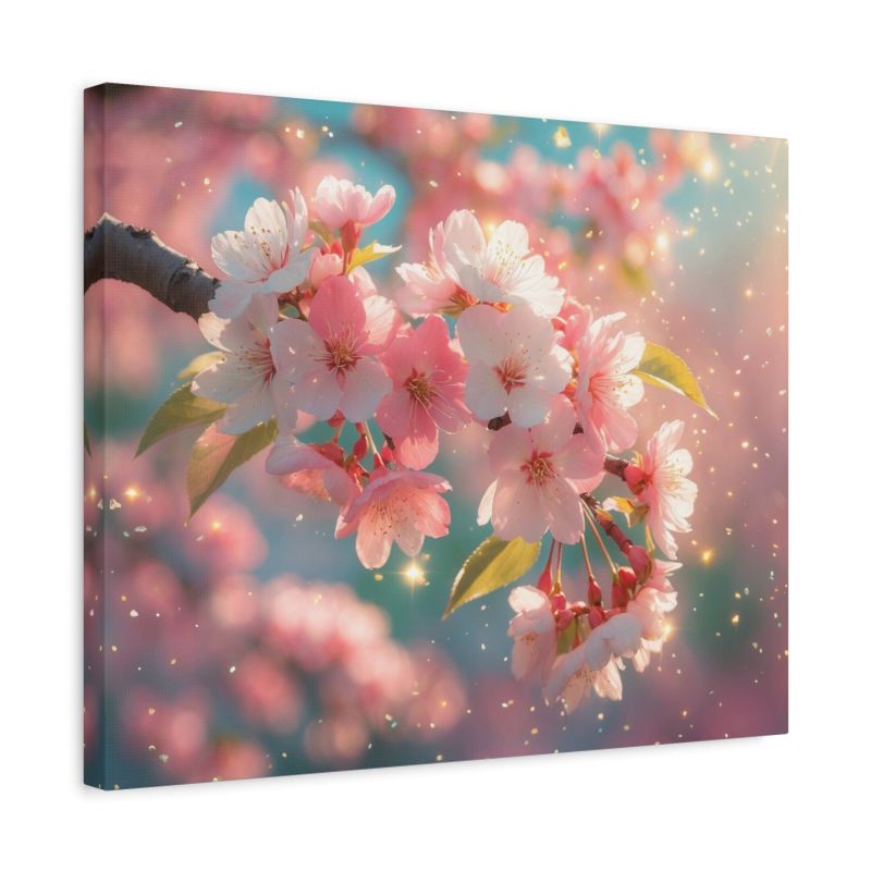 Paint By Numbers image of soft pink cherry blossom flowers in full bloom, glowing under golden sparkles with dreamy lighting and a pastel spring sky shown in a frame