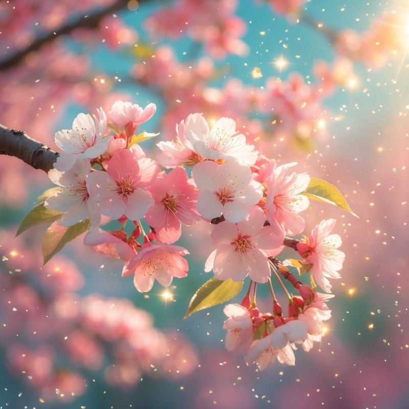 Paint By Numbers image of soft pink cherry blossom flowers in full bloom, glowing under golden sparkles with dreamy lighting and a pastel spring sky.