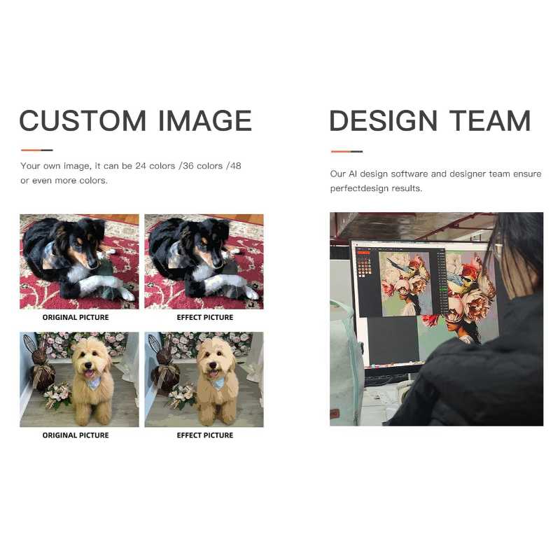 Custom Paint By Numbers kits in Canada showing original pet photos, digital paint effect conversion, and a design team member editing artwork