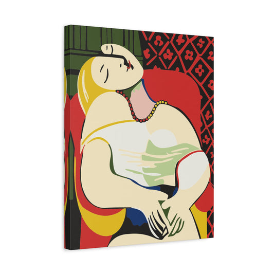 Colorful abstract paint by numbers kit inspired by Picasso’s Dreamer, featuring a reclining woman with bold red, black, and yellow tones shown in a frame
