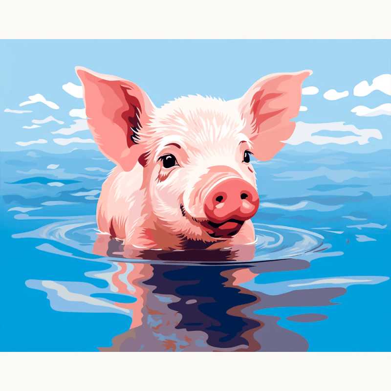 Piggy Splash Paint By Numbers painting featuring a happy pink pig swimming in clear blue water under a bright sky, radiating joy and playful charm.