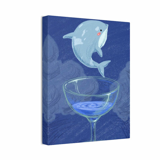 Cute dolphin leaping above a glass of water in a kids’ paint by numbers design shown in a frame